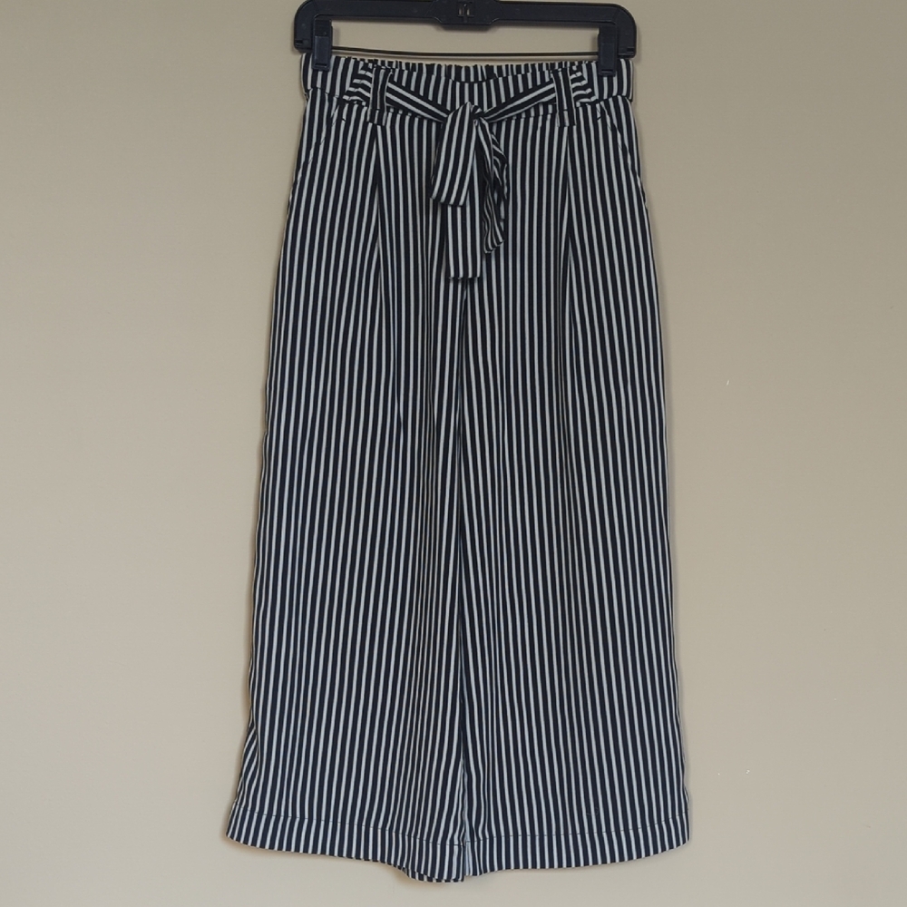 Zara Black and White Striped Trousers with Belt